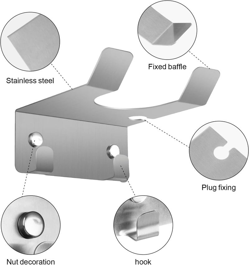JWCE Hair Dryer Holder Blow Dryer Holder Wall Mounted Fit for Most Hair Dryers Self-Adhesive or Punch Installation for Bathroom (Silver) - Image 2